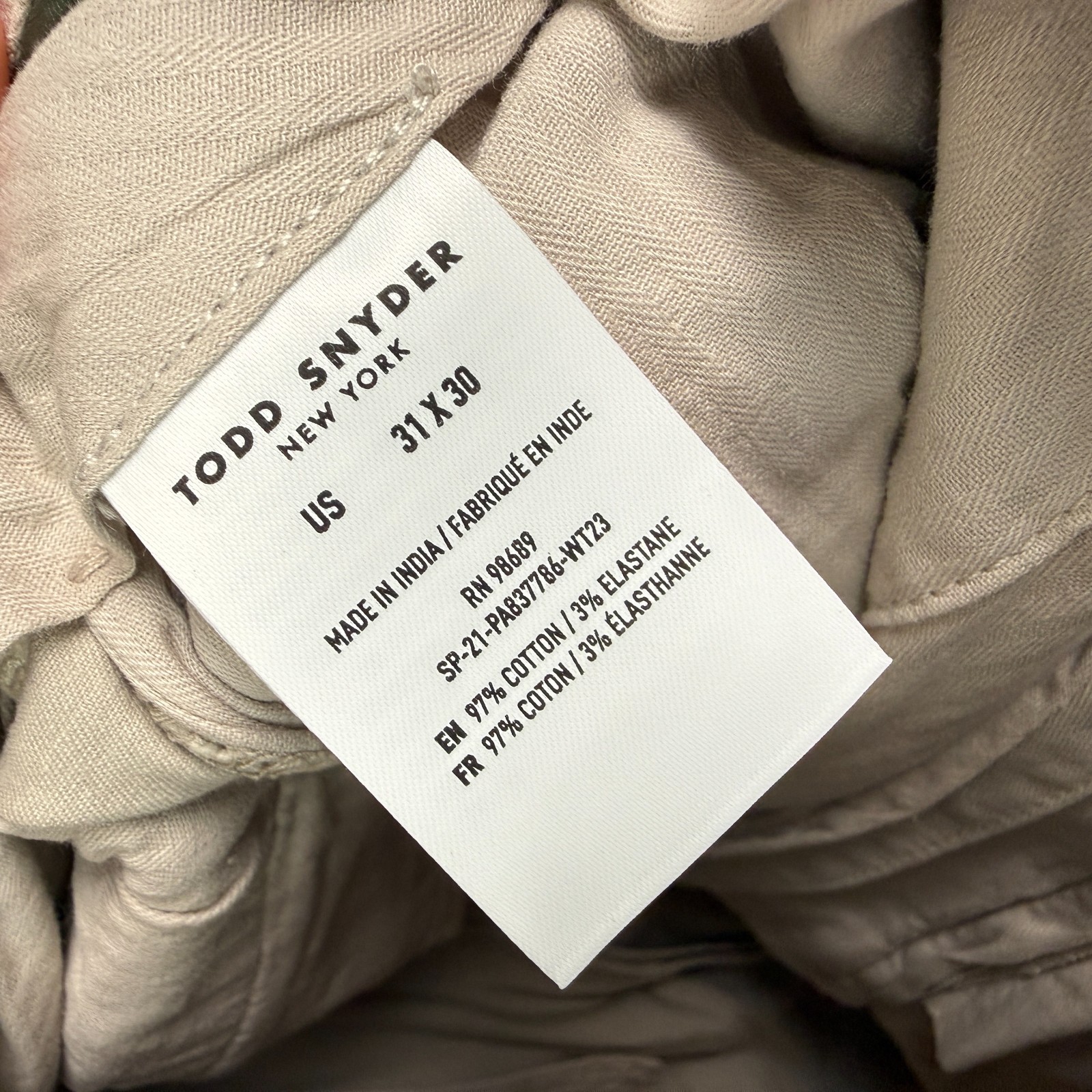 Todd Snyder Pants Mens 31×30 Bone Khaki Tab Front Chino Straight Fit Stretch NEW