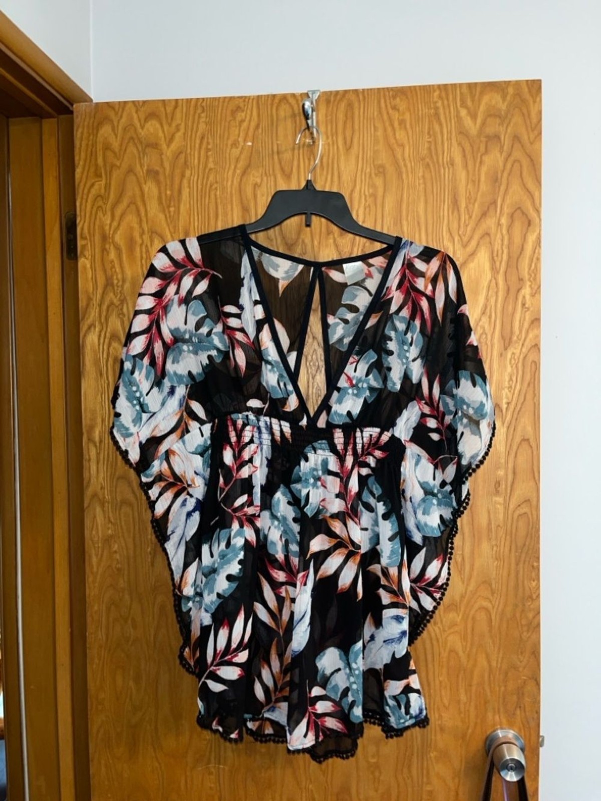 Kona Sol Black Floral V-Neck Tunic with Blue and Coral Leaves