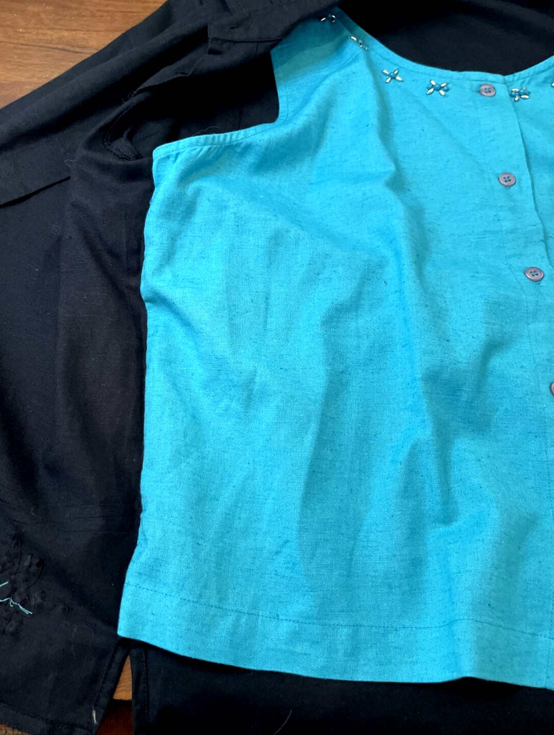 NWT Lemon Grass Womens 2 For 1 Blouse Black Turquoise Short Sleeve Embellished L