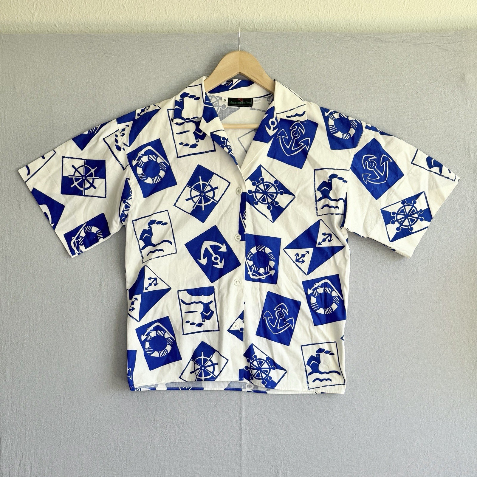 Vintage Abercrombie Fitch Shirt Button Short Sleeve Nautical White Blue Collared