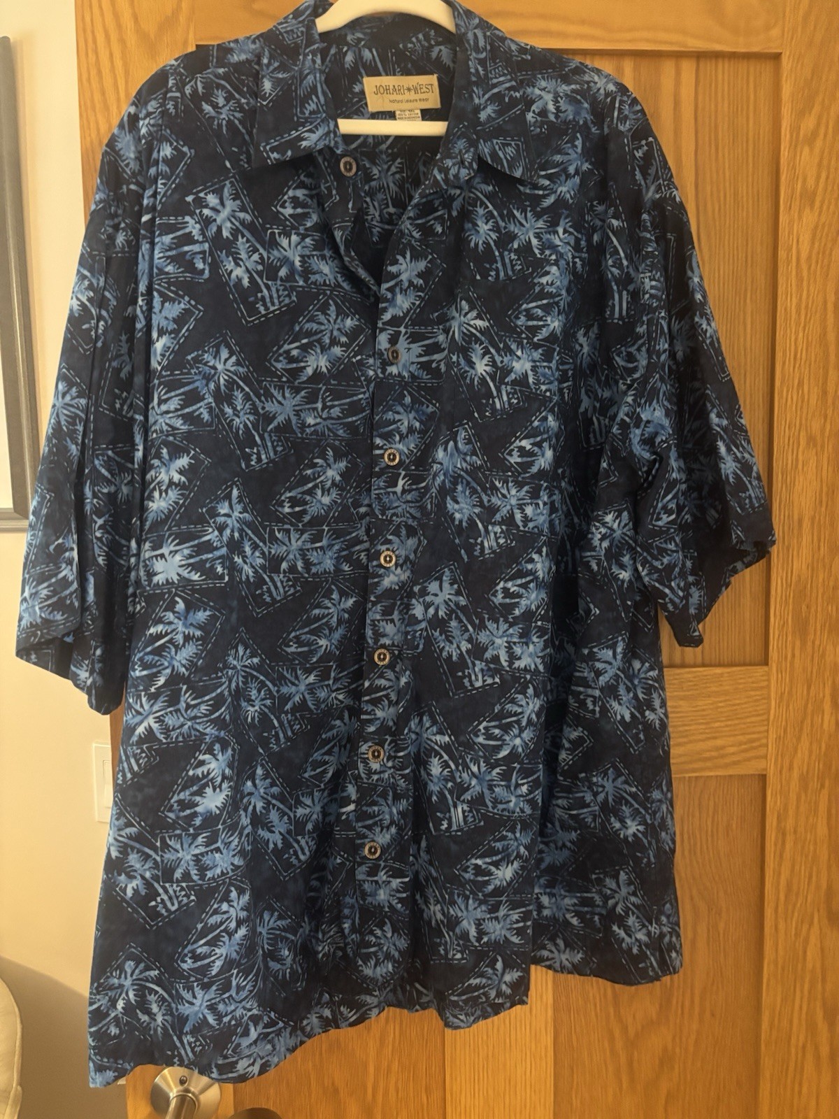 Johari West Mens 4Xl Blue Palm Tree Batik Cotton Tropical Hawaiian Shirt