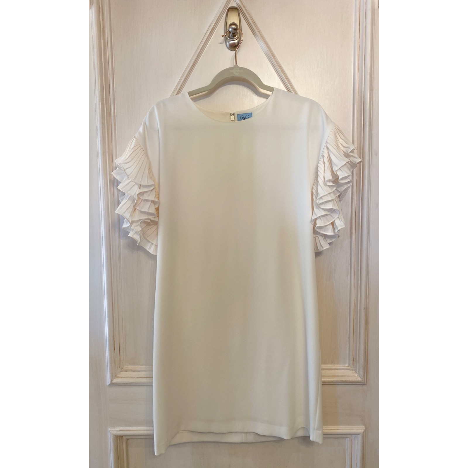 Cece Antique White Moss Crepe Tiered Pleated-Sleeve Shift Dress 6