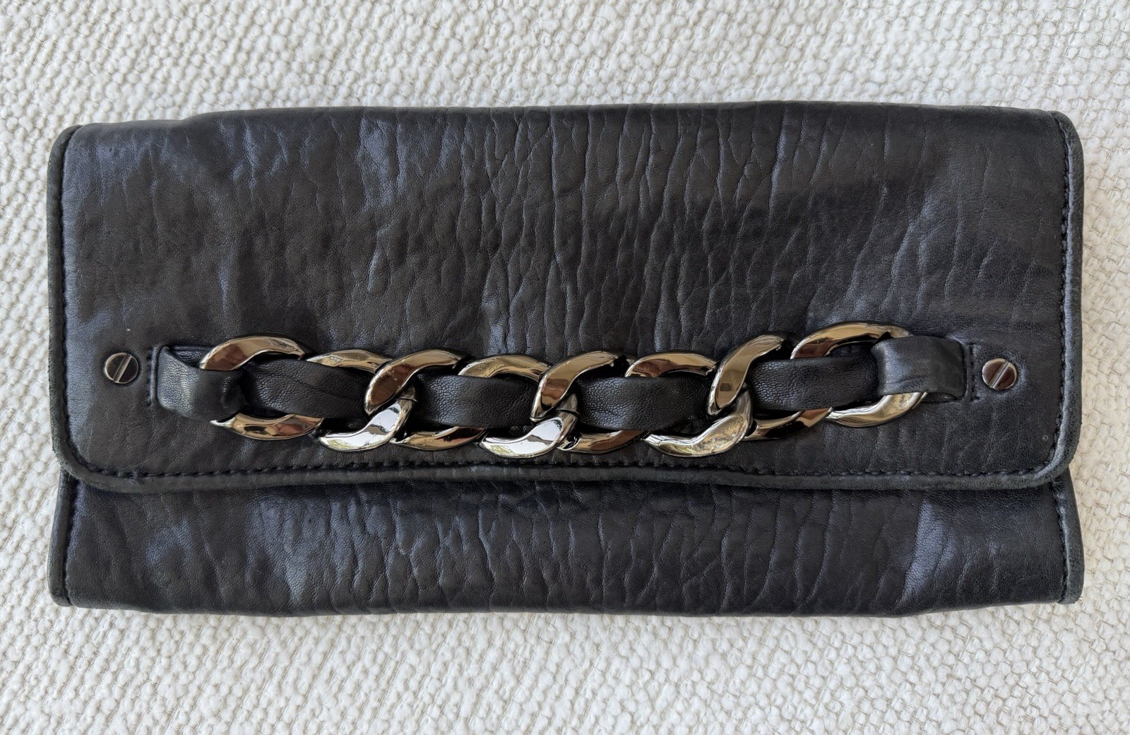 Michael Kors Black Logo Pebbled Clutch Wristlet Magnetic, Gunmetal Chain