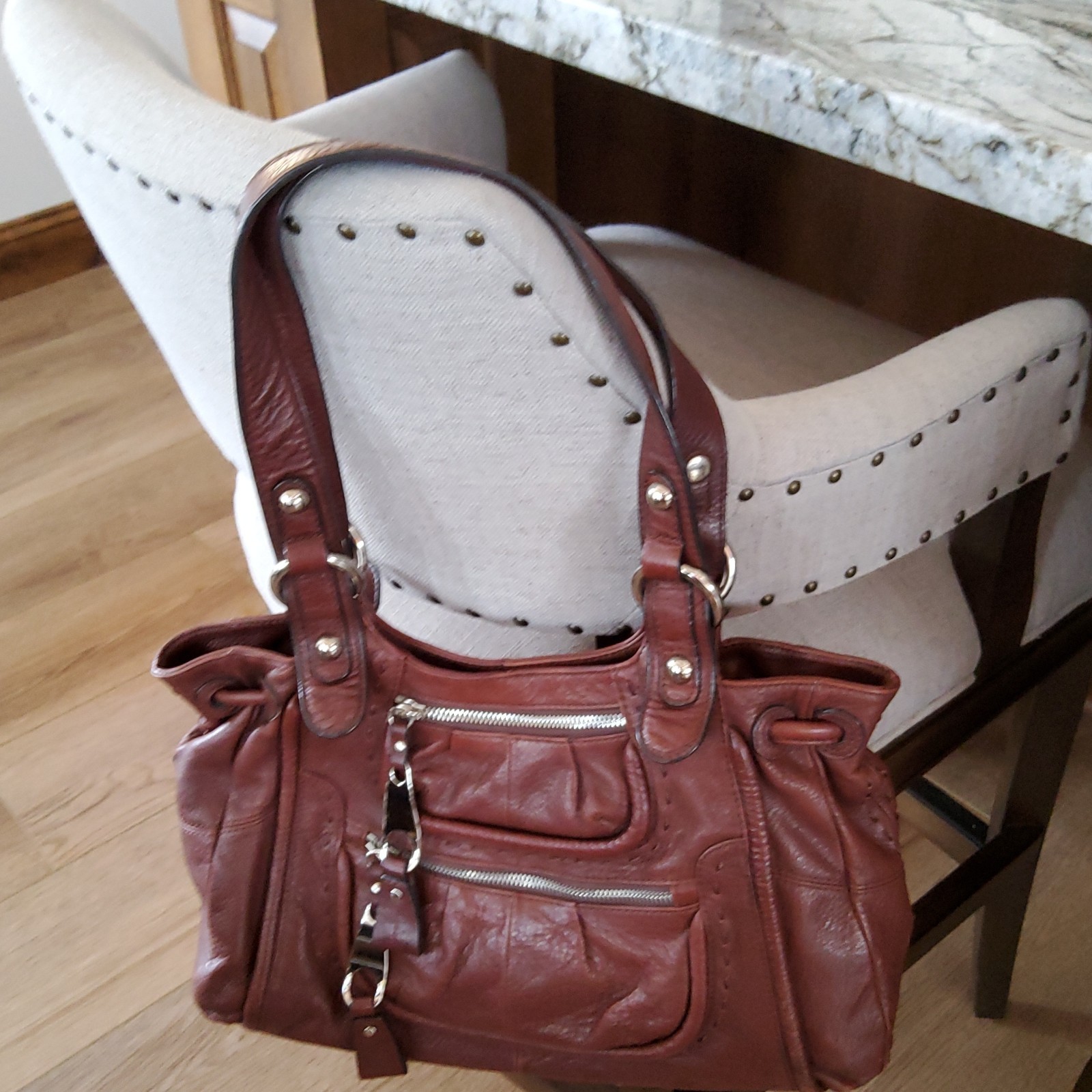B. Makowsky Brown Pebbled Shoulder Bag Silver Hardware Zip, Lined Pockets