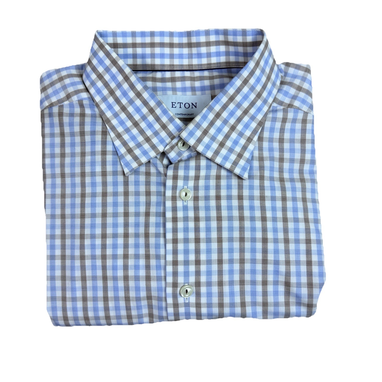 Eton Contemporary Dress Shirt Mens 44 17.5 Blue Brown Check Long Sleeve Cotton