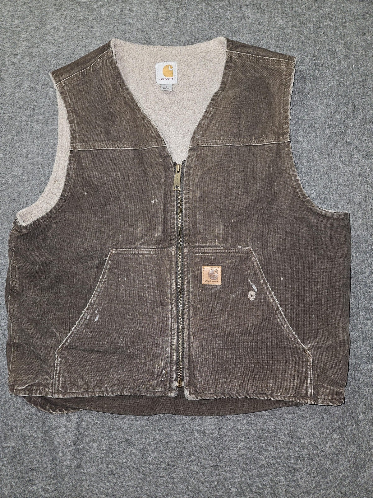 Carhartt Vest Mens Large Brown Sherpa Lined Insulated Canvas Workwear V26-DKB