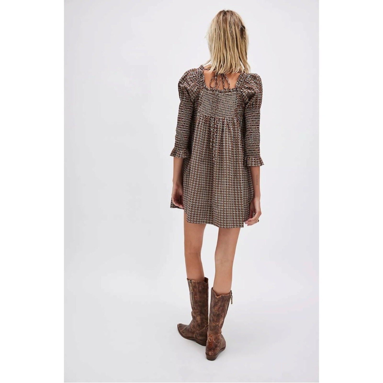 Free People Retro 70s Babydoll Star Dip Mini Dress in Black Combo Size Large