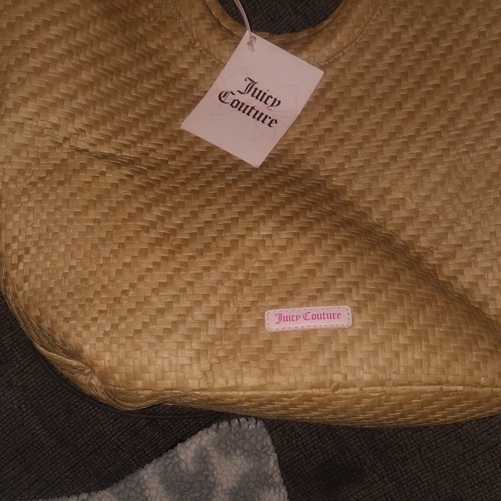 Juicy Couture Women’s Beach Tote Beige Woven Pattern Pink Top Handles Logo