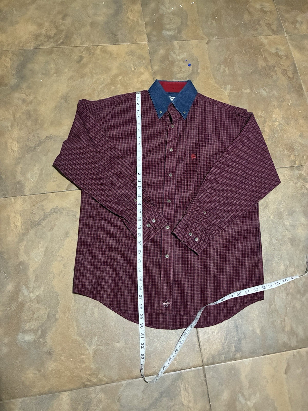 Wrangler PBR Professional Bull Riding Western Button Up Shirt Plaid Beige Red
