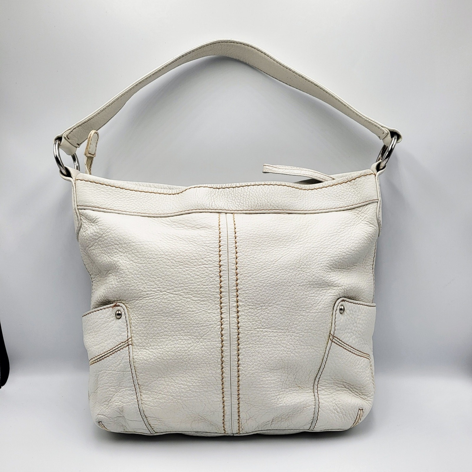 Celsius White Pebbled Genuine Leather Multicompartment Satchel Shoulder Bag