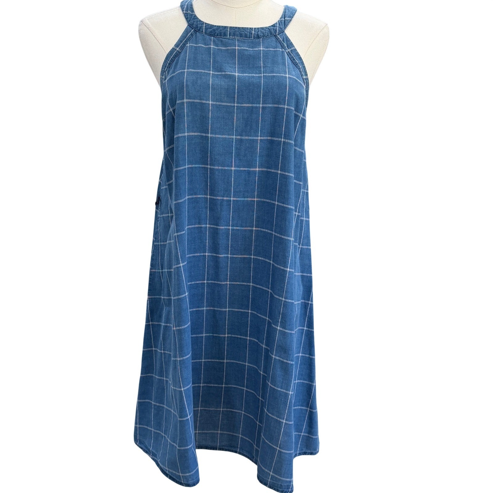 A New Day Chambray Windowpane Midi Dress Coastal Cottagecore Pockets Blue SZ M