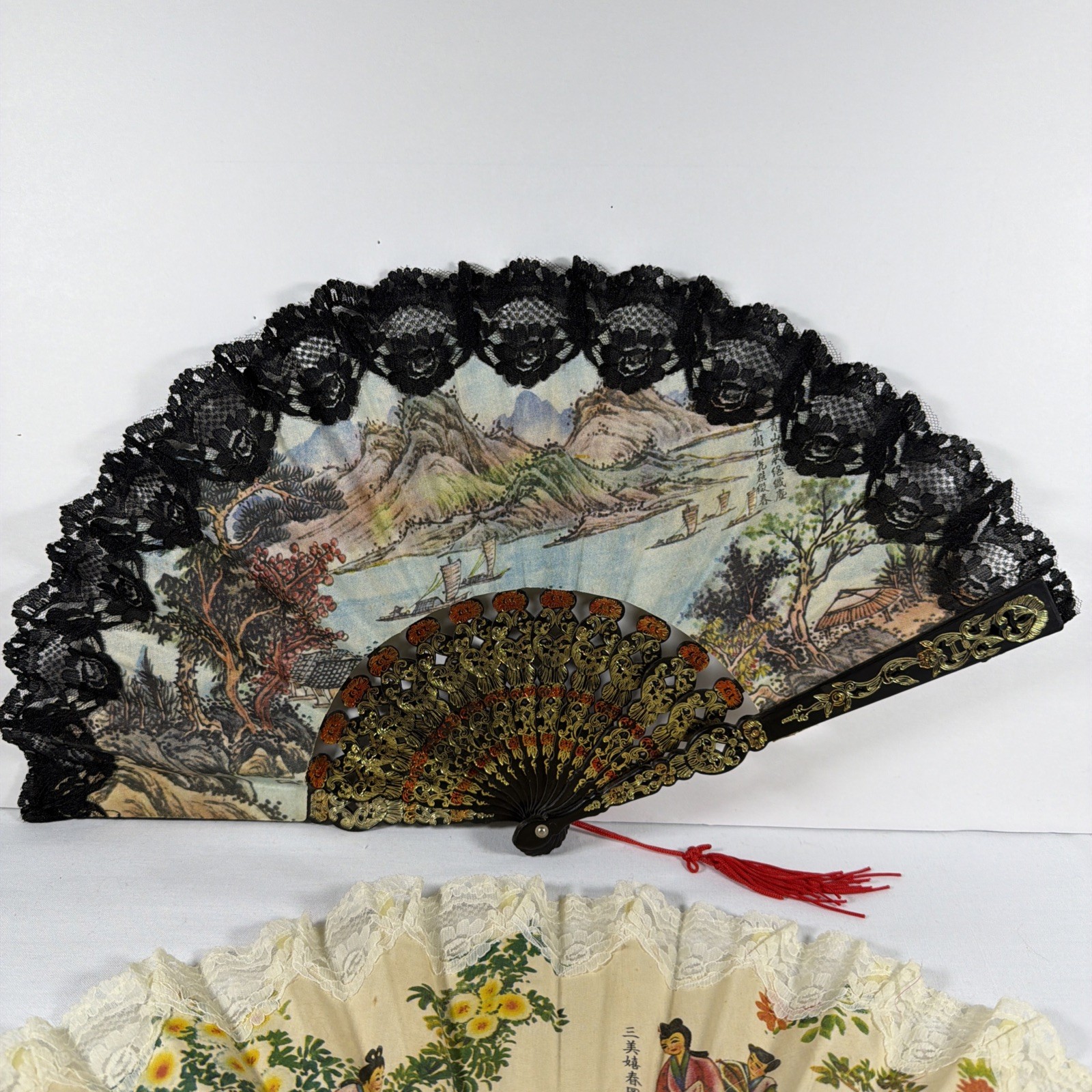 2 Vintage 1980’s Classical Scent Hand Fans fan Lace Fabric Plastic