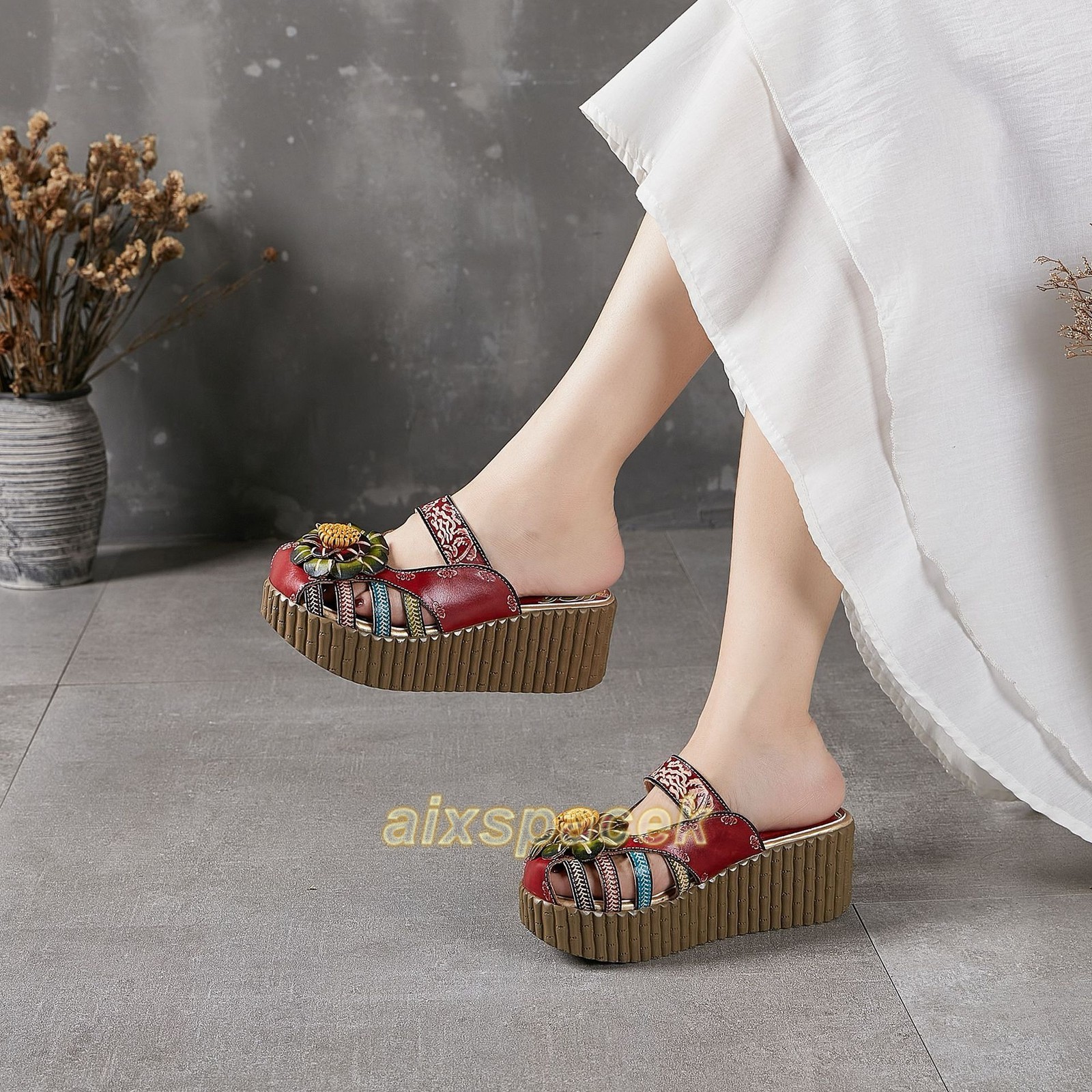 Ladies Ethnic Thick-soled Cowhide Leather Sandals Women Handmade Home Slippers