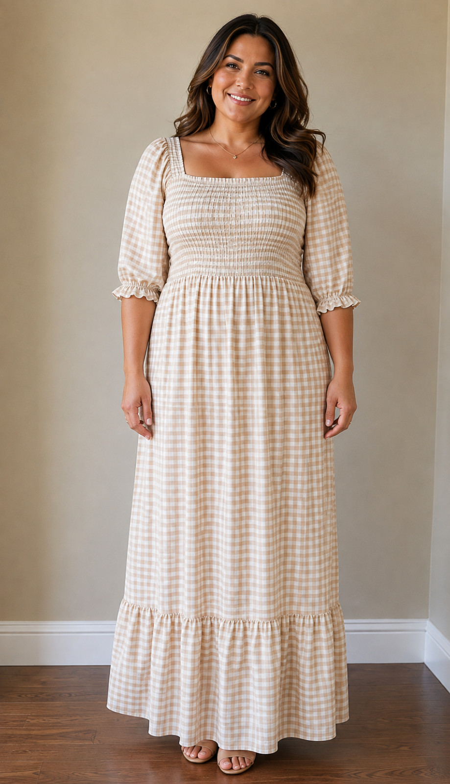 Indigo Rose Gingham Maxi Dress M Beige Smocked Cottagecore Prairie Milkmaid