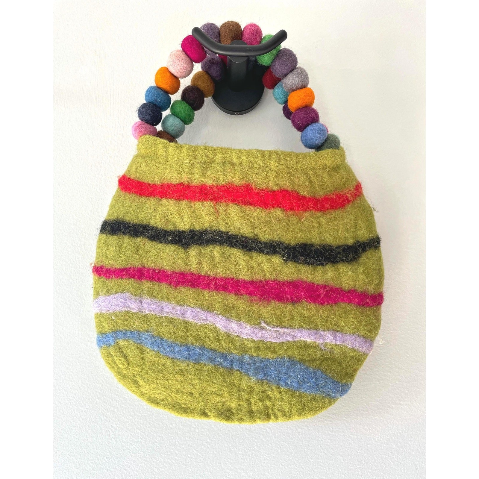 Rising Tide Wool Felted Bag Handmade Nepal Purse with Colorful Beaded Handle