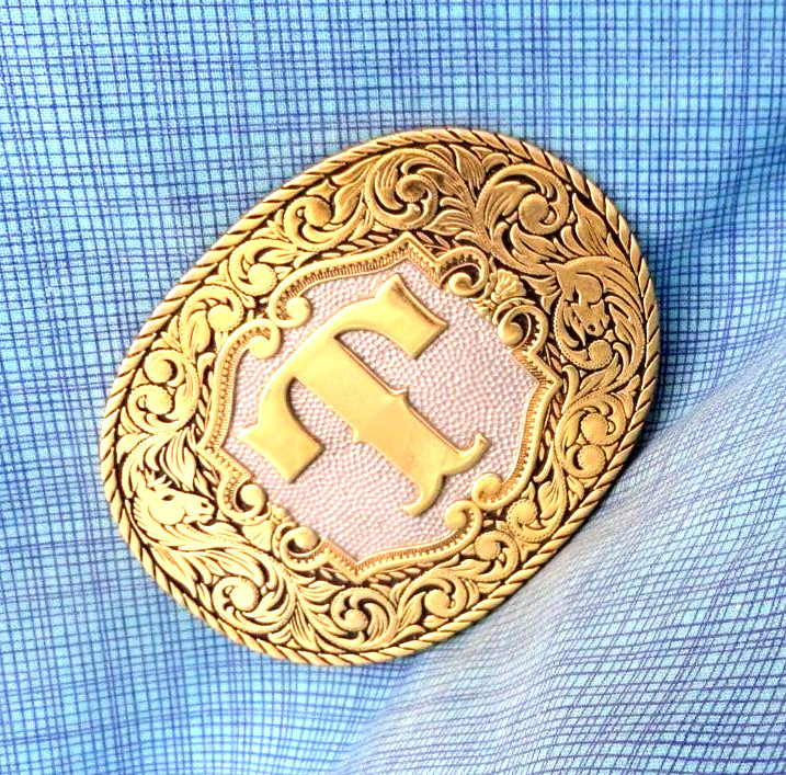 T Belt Buckle Western Initial T Monogram 22KGP Vtg Award Design Medals .NOX743