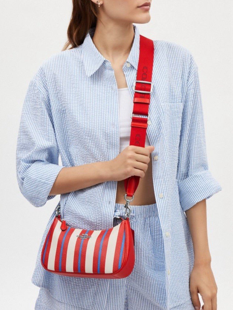 NWT COACH Teri Shoulder Bag Leather Canvas With Stripe In Red (American Print)