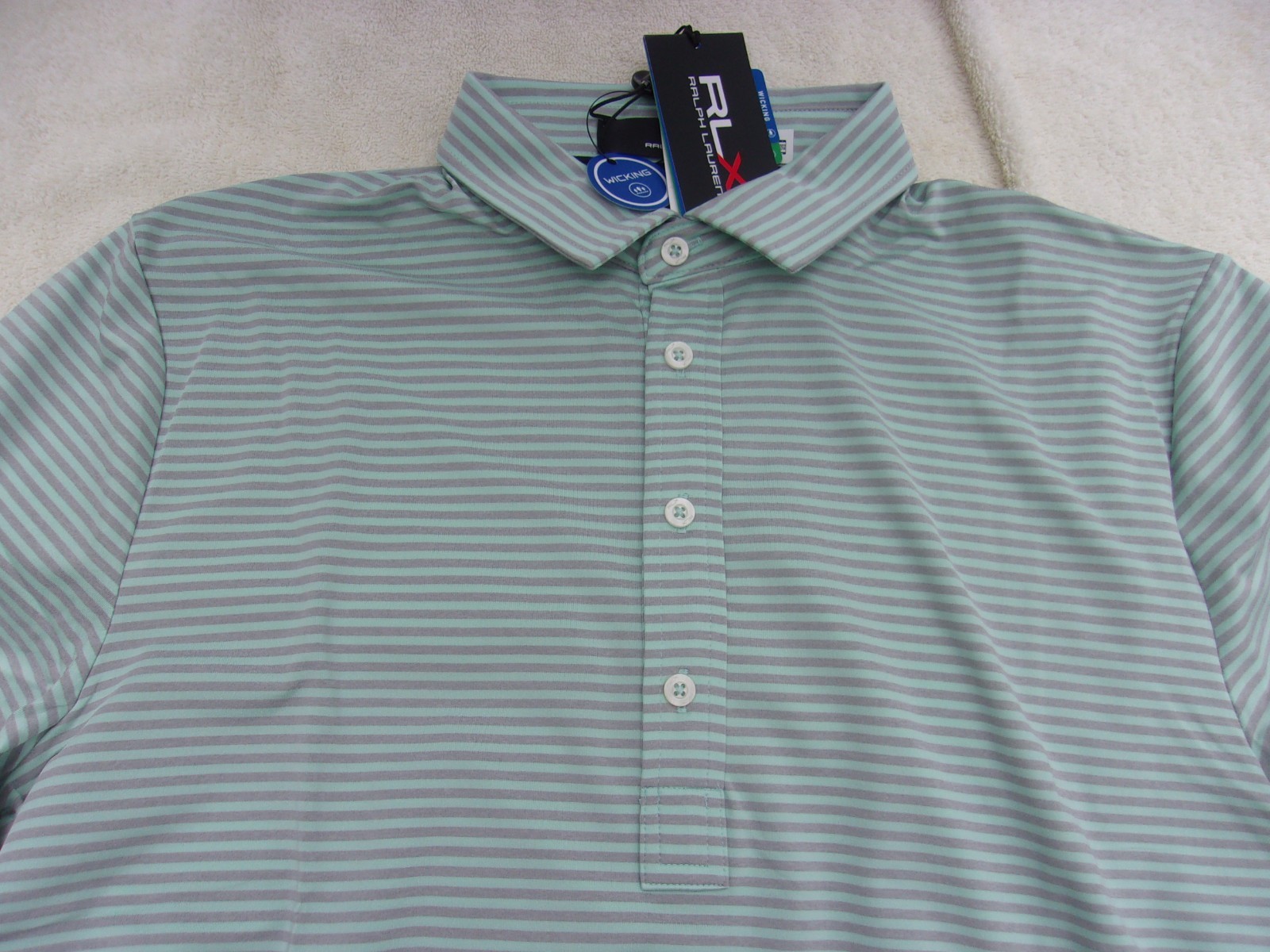 NWT Ralph Lauren RLX short sleeve polo, men’s M, $95, green, gray stripes