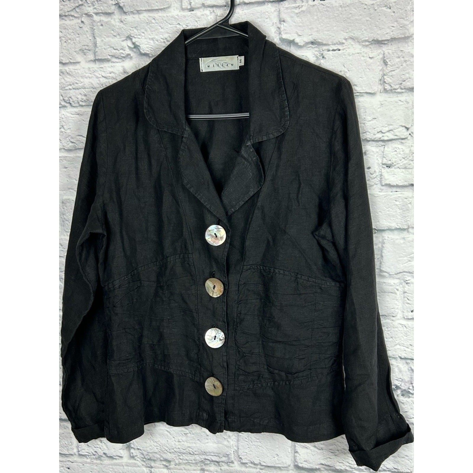 Willow Black 100% Linen Jacket Shell Button Art to Wear Blazer Medium