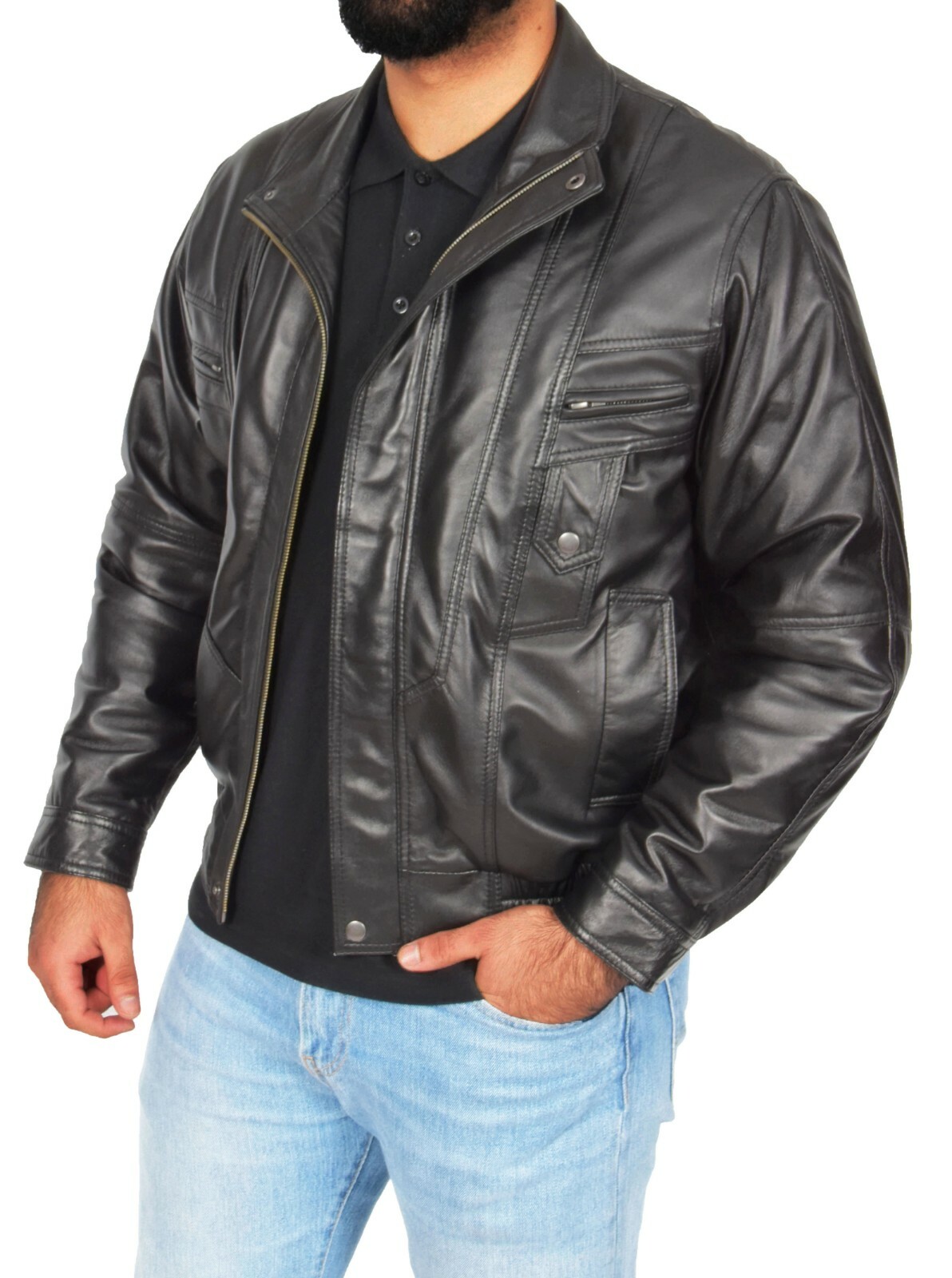 Gentlemens Bomber Soft Black Leather Jacket Classic Blouson Comfort Fit Coat NEW