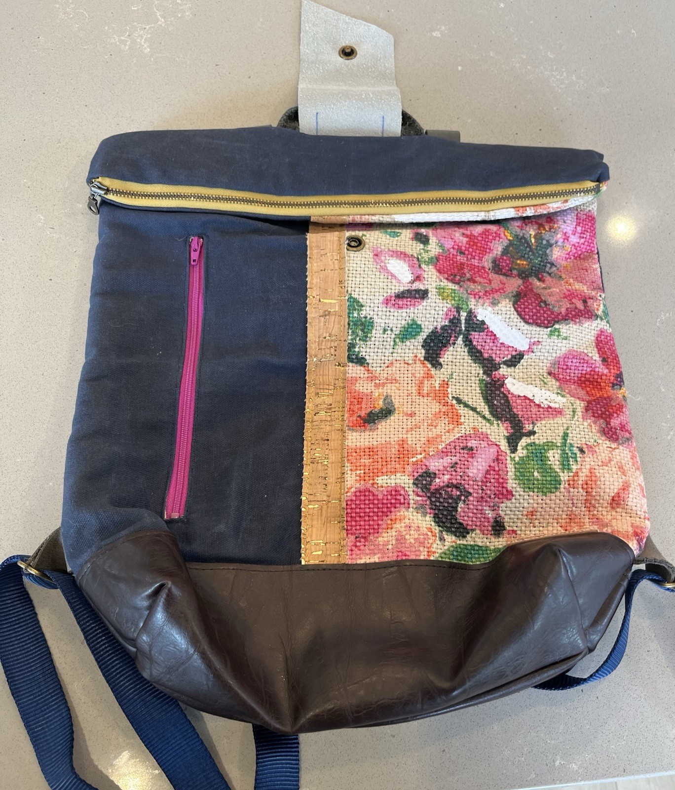 Handmade Roll Zip Backpack Denim Hand Painted Floral Textile Leather Boho Bag