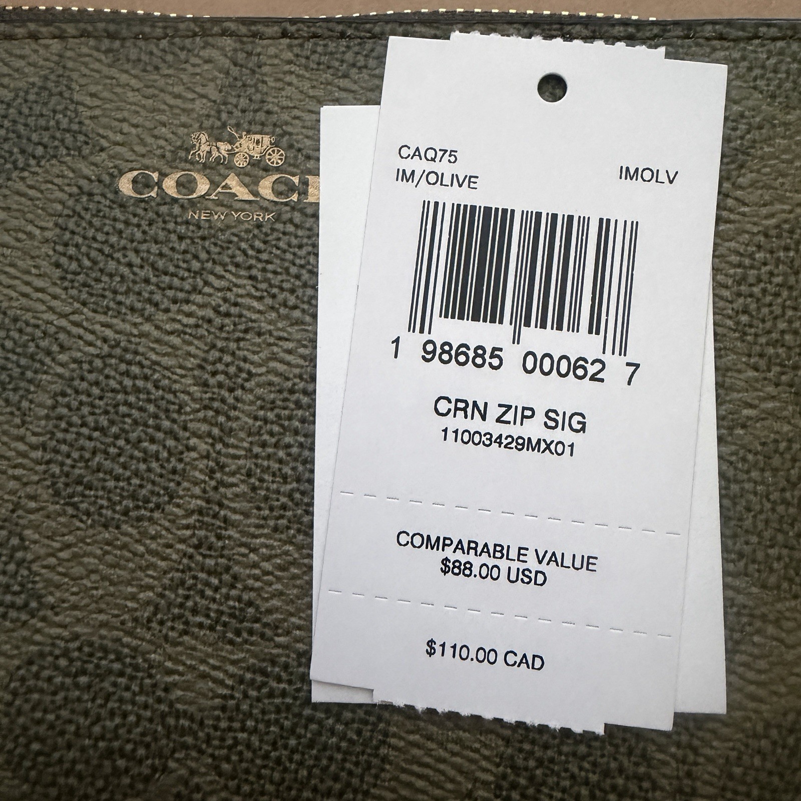 NWT Coach Corner Zip Wristlet In Signature Canvas CAQ75 Gold/Olive