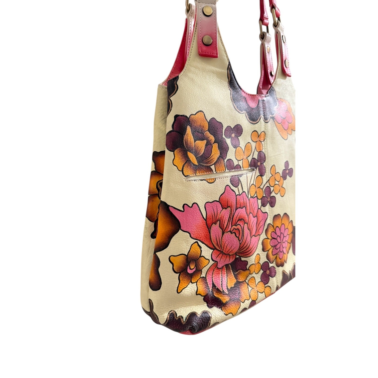 Hand Painted Style Floral Leather Shoulder Bag Boho Artisan Ombre Strap Purse