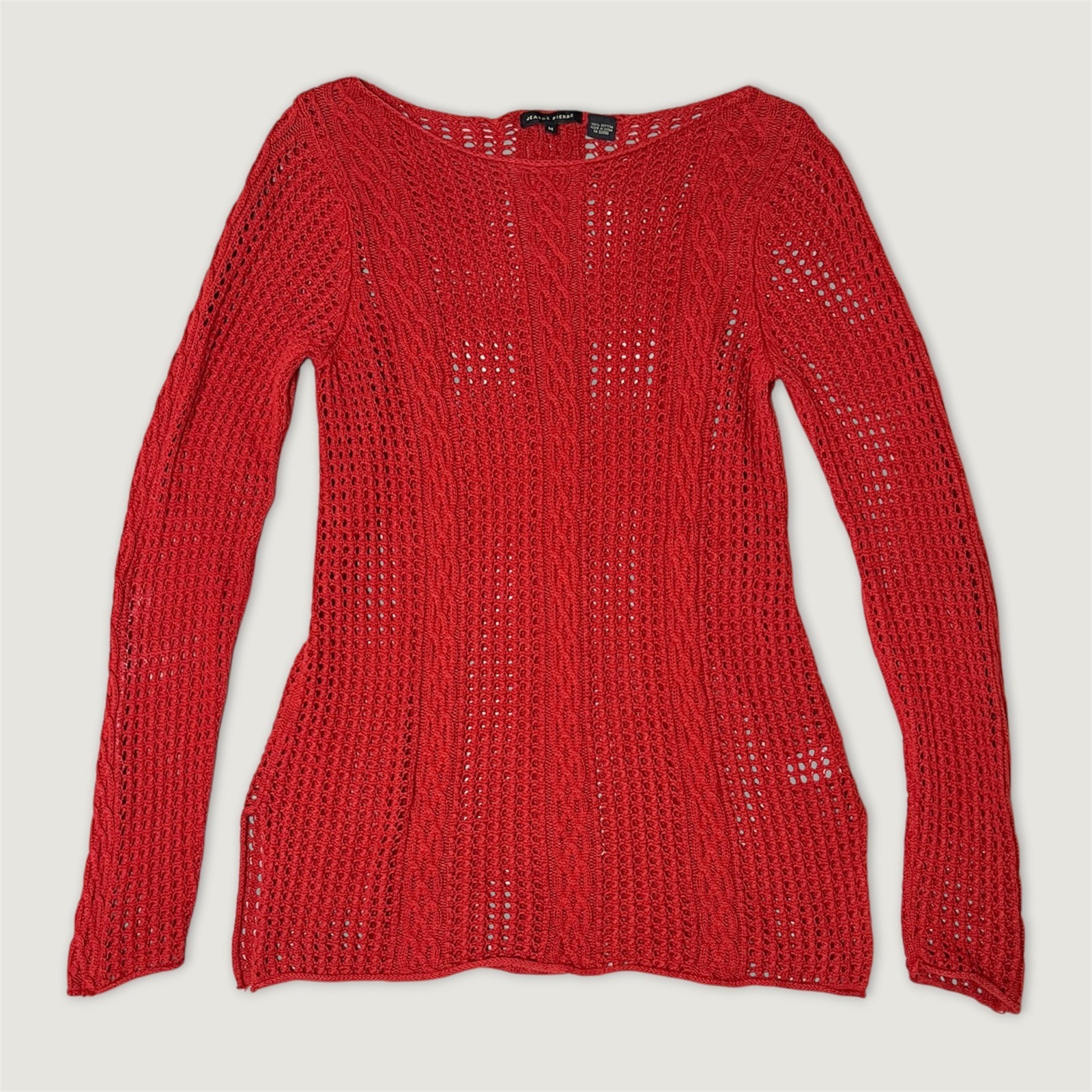 Jeanne Pierre Open Knit Cable Pointelle Cotton Sweater Rust Orange Red – Medium