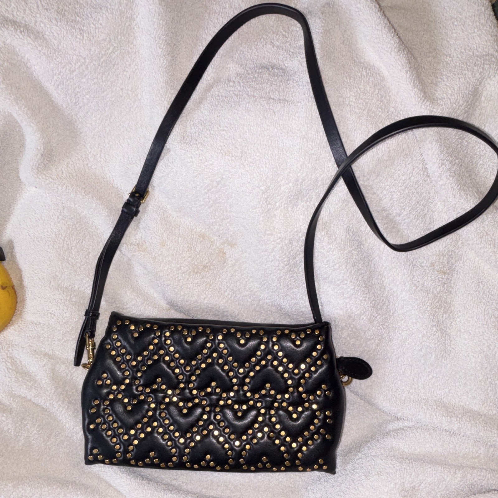 Rebecca Minkoff Black Heart Crossbody Bag Studded Zip Closure Gold Hardware