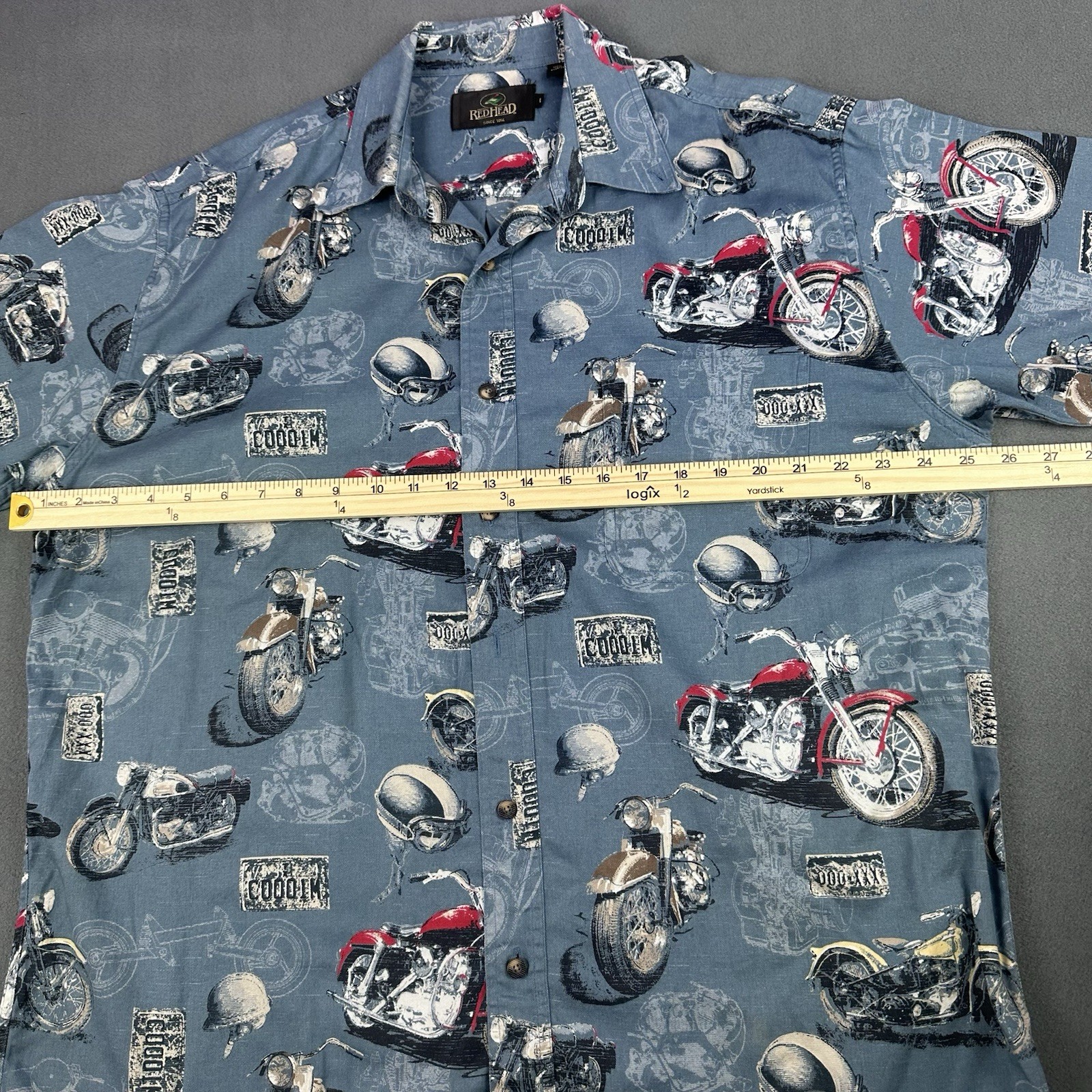 Redhead Motorcycle Camp Shirt Slate Blue Novelty Print Cotton Preowned