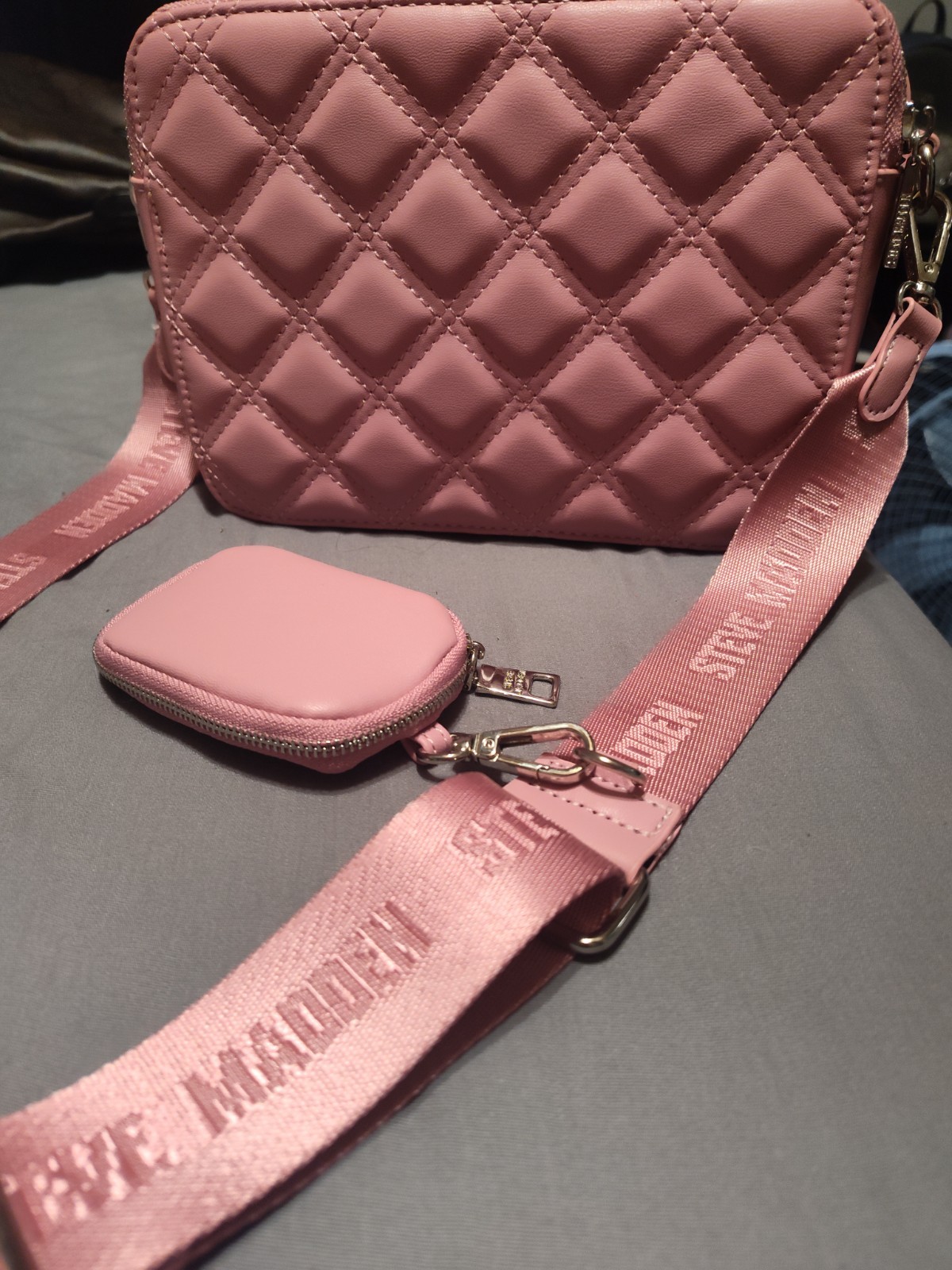 Steve Madden Pink Quilted Crossbody Bag Zip w/ Adjustable Logo Strap, Coin Pouch