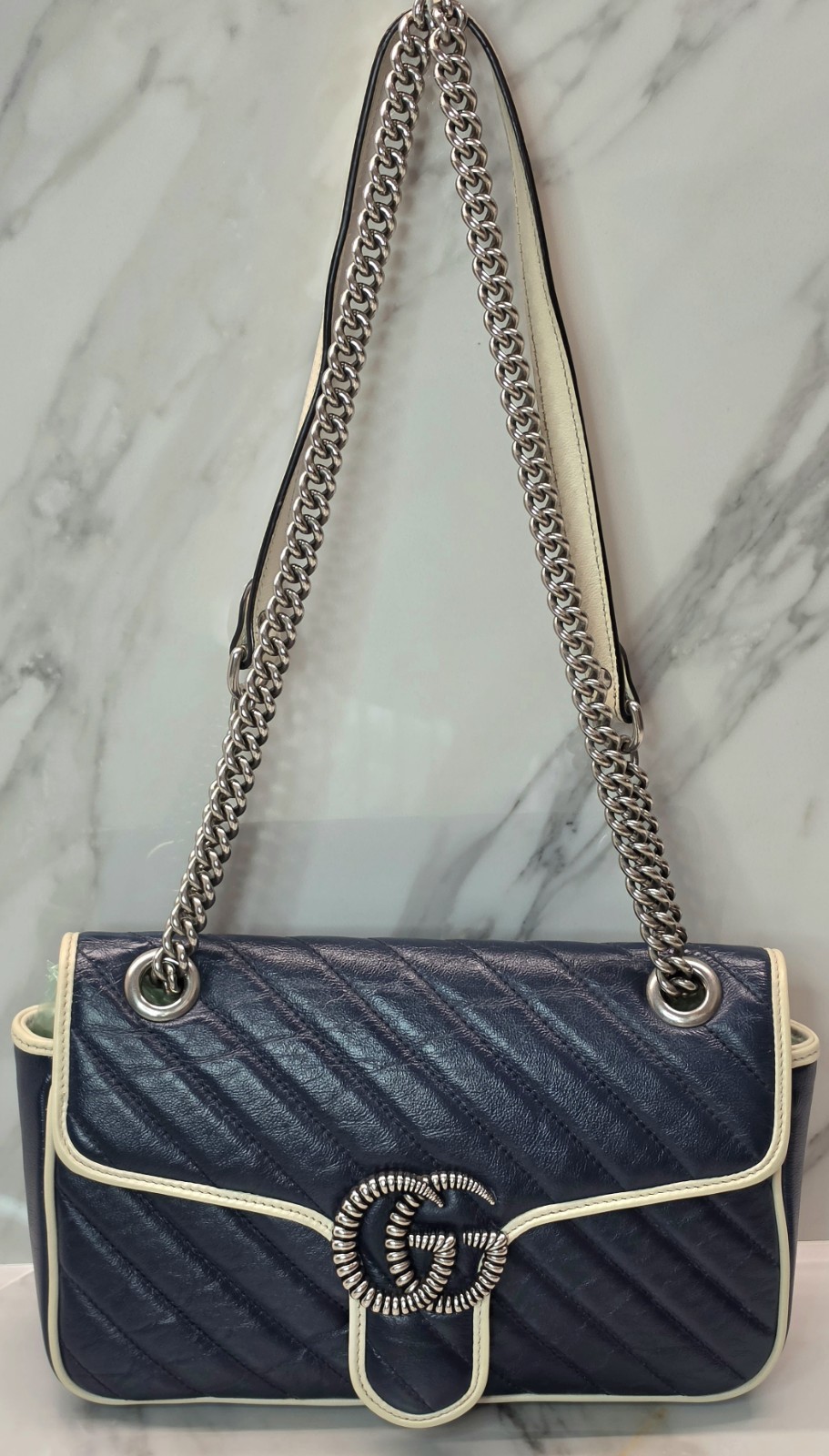 Gucci GG Vintage Effect Marmont Blue Chevron Matelasse Shoulder Bag MSRP: $2,590