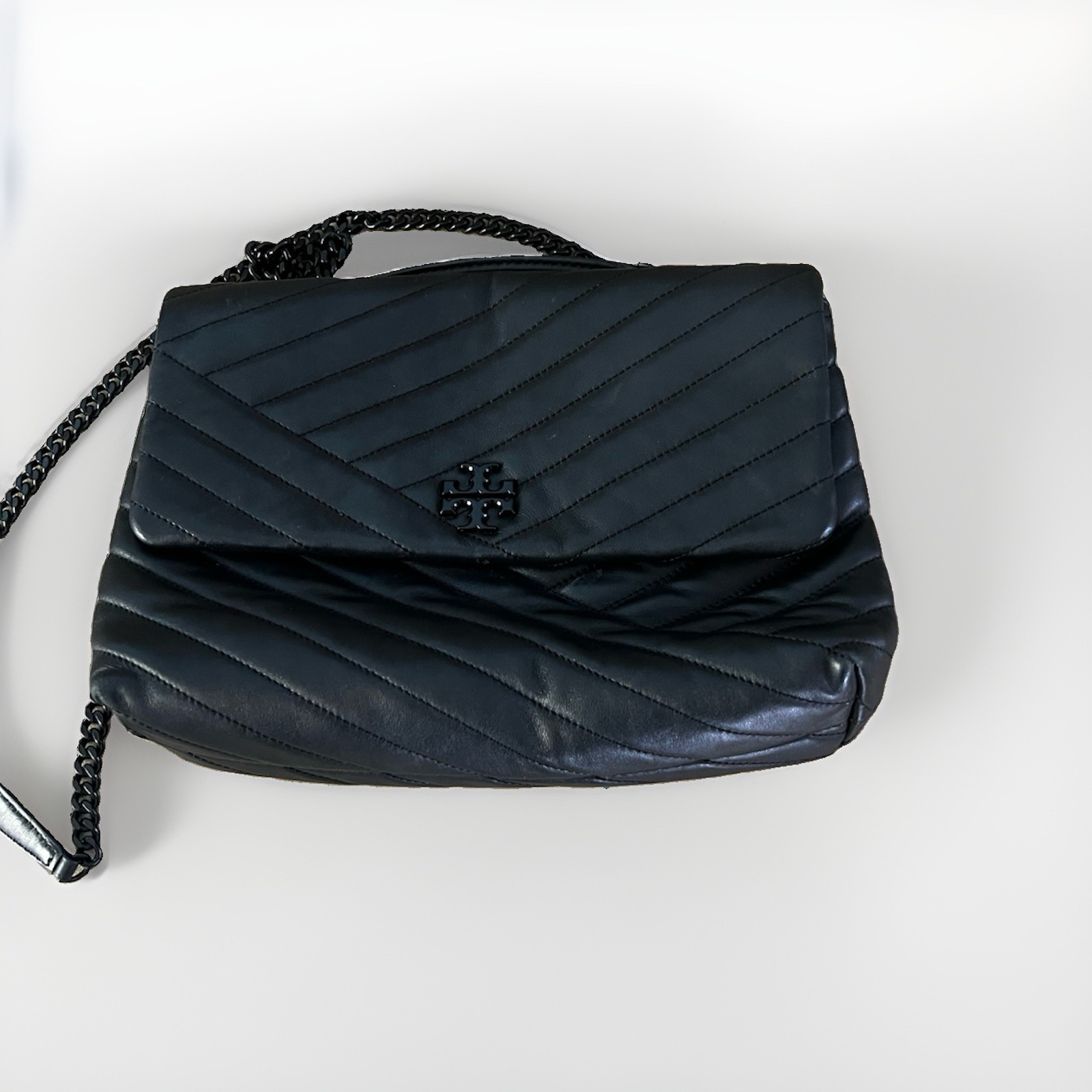 Tory Burch Kira Black Chevron Quilted Leather Chain Strap Shoulder Bag Flap
