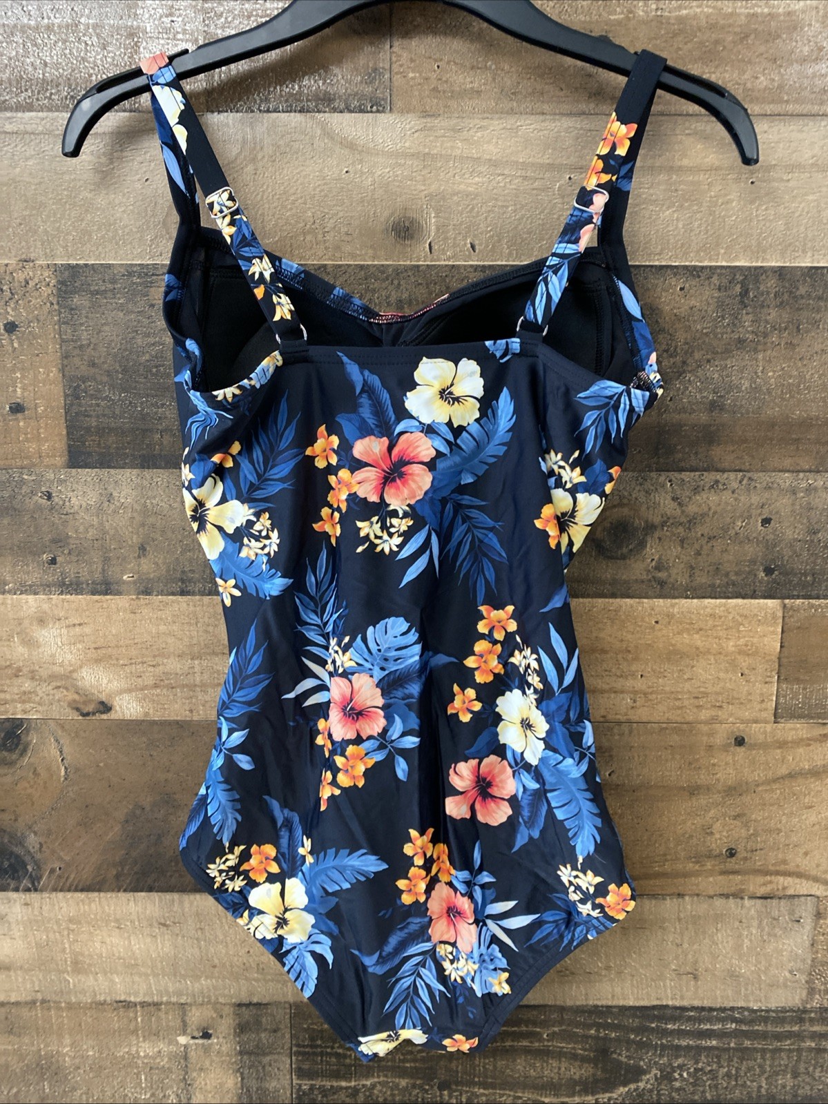 Lands’ End Ruched Sweetheart One Piece Swimsuit Black Tropical Size S 6-8 New