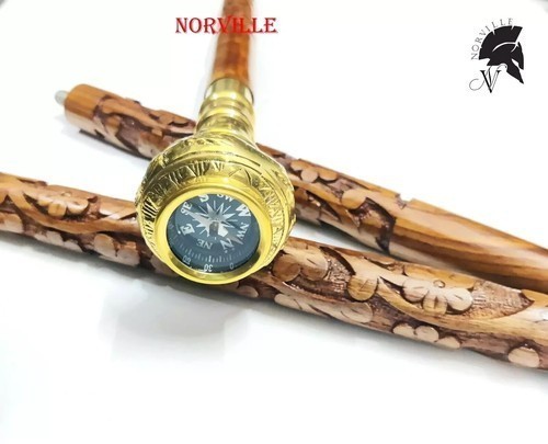 Nautical Compass Walking Stick Floral Hand Carved Designer Walking Cane Stick