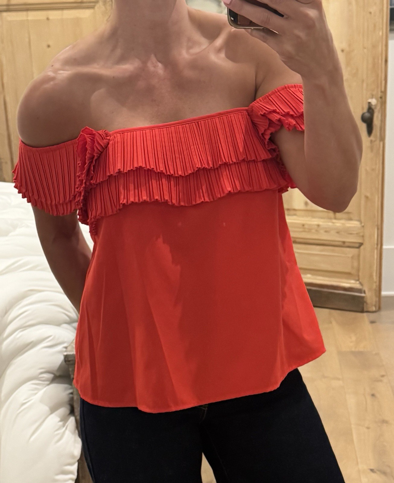 Red Ruffle Top. Sleeves Can Be Worn Up Or Down.