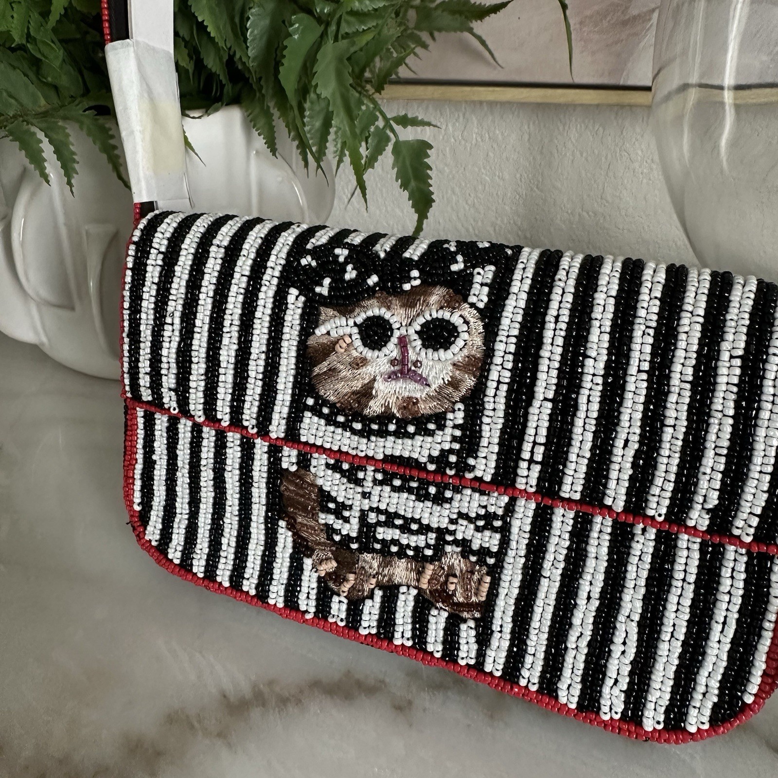 Anthropologie THE FIONA BEADED BAG: ANIMAL EDITION IN BLACK New With Tags Cat