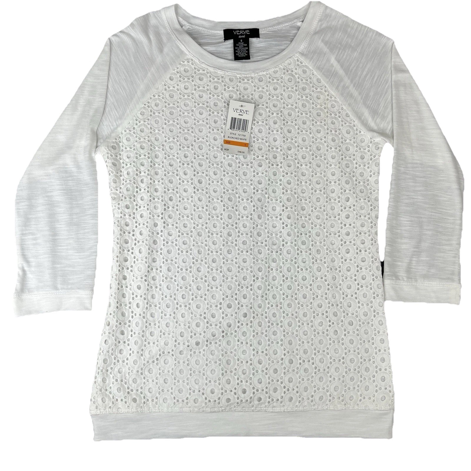 Verve Ami Womens White Floral Eyelet Tunic Top Size S NWT 3/4 Sleeve