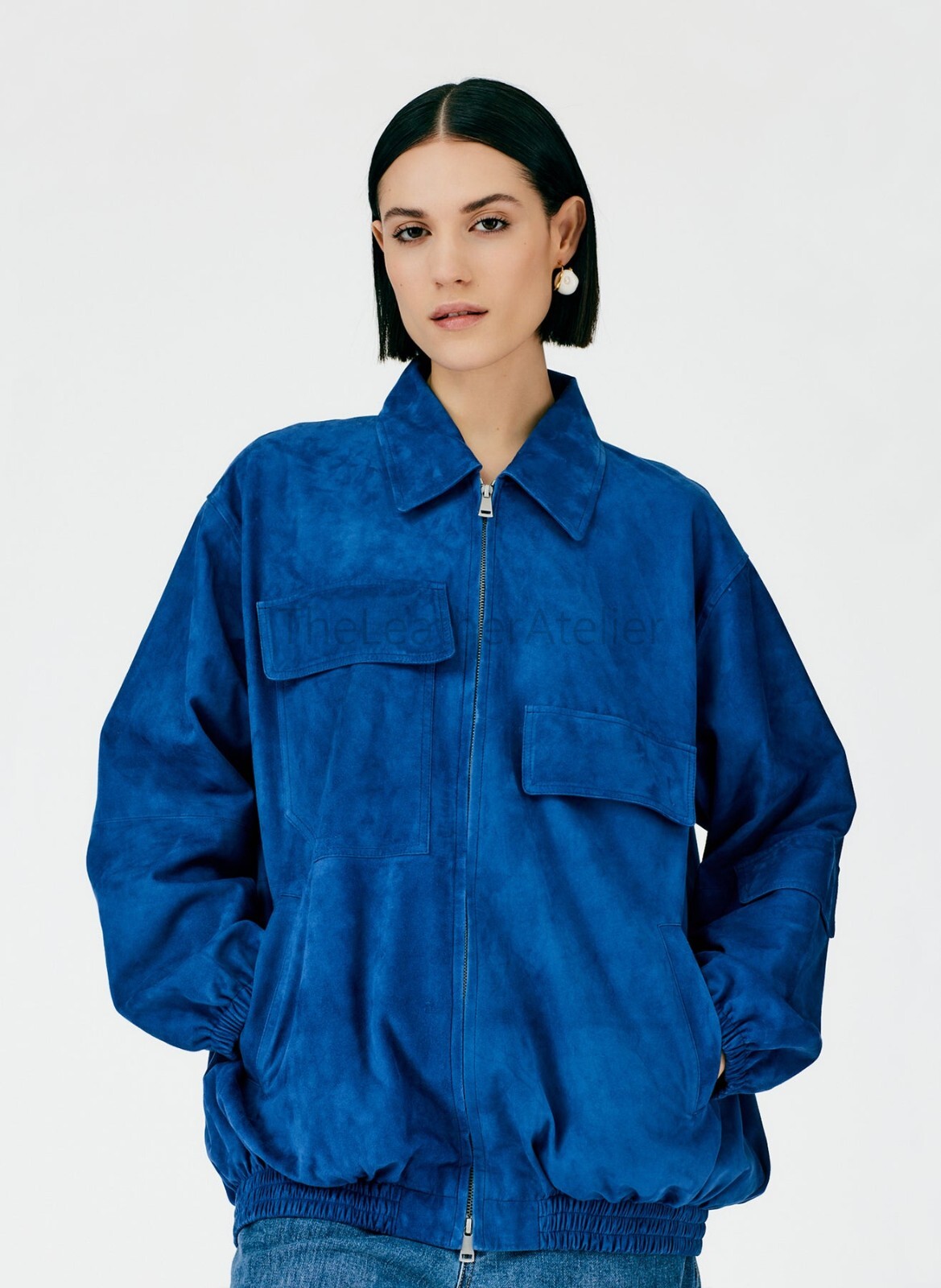 Premium Suede Leather Bomber Jacket Cerulean Blue Oversized Retro Urban Luxury