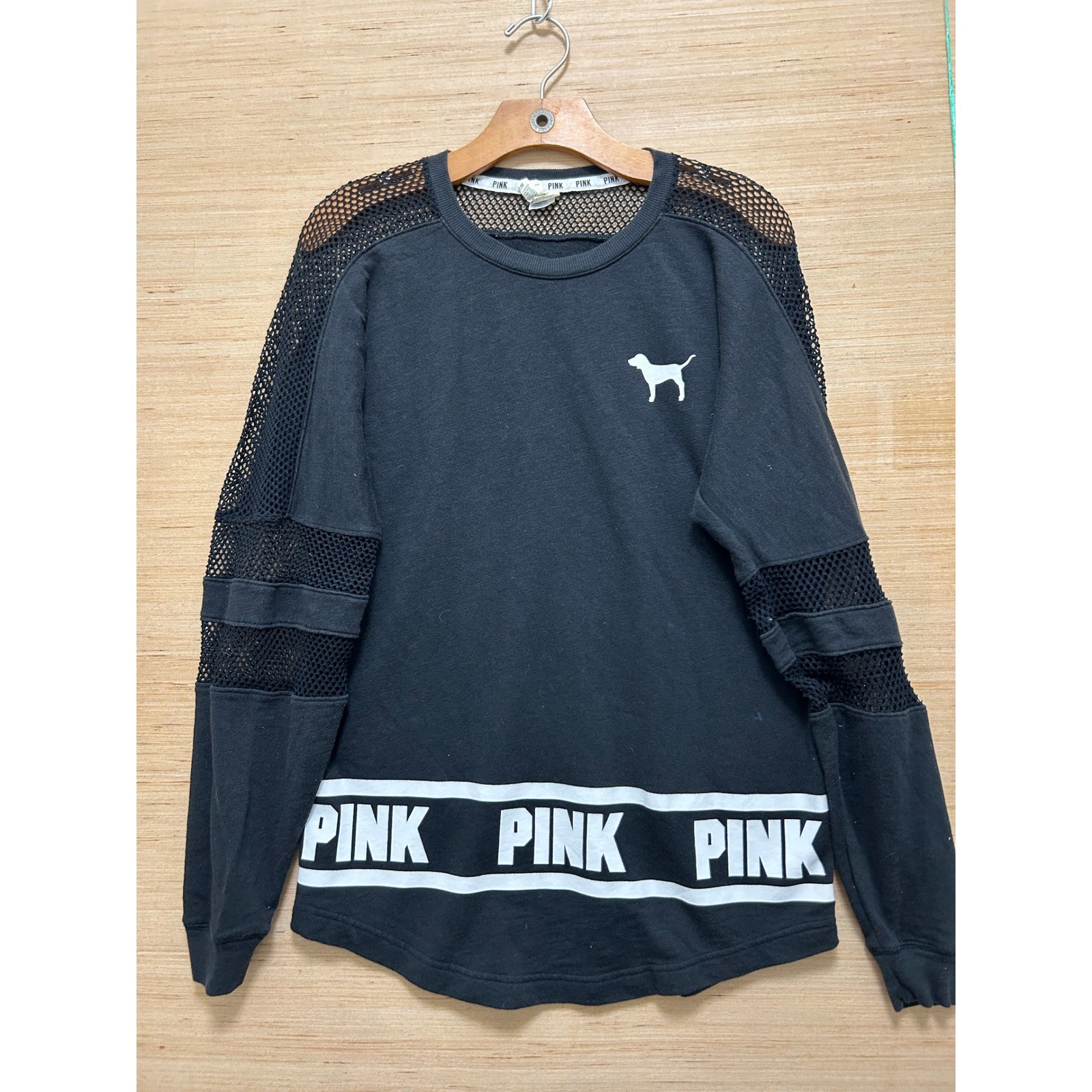 PINK Victoria’s Secret Black Long Sleeve Mesh Panel Logo Graphic Top XS