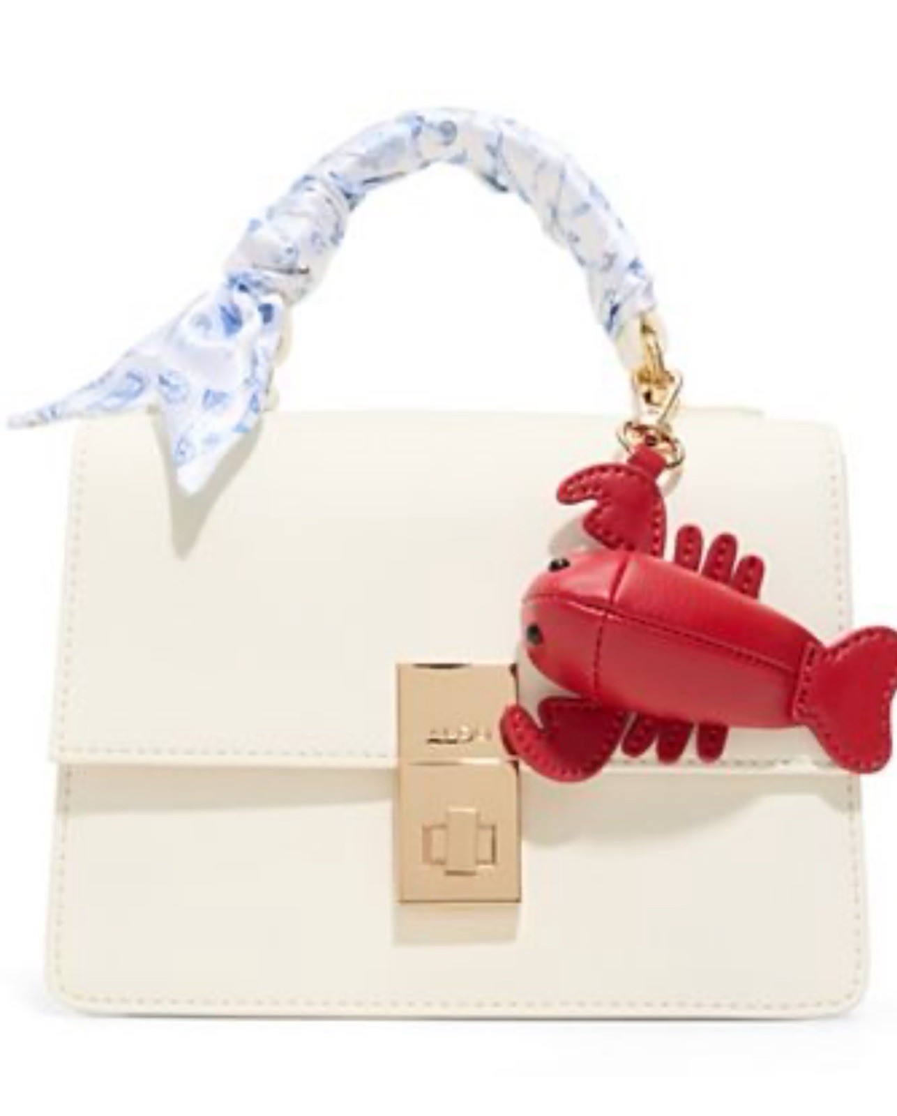 Aldo White Small Top Handle Bag Push Lock Gold Hardware Scarf Lobster Charm
