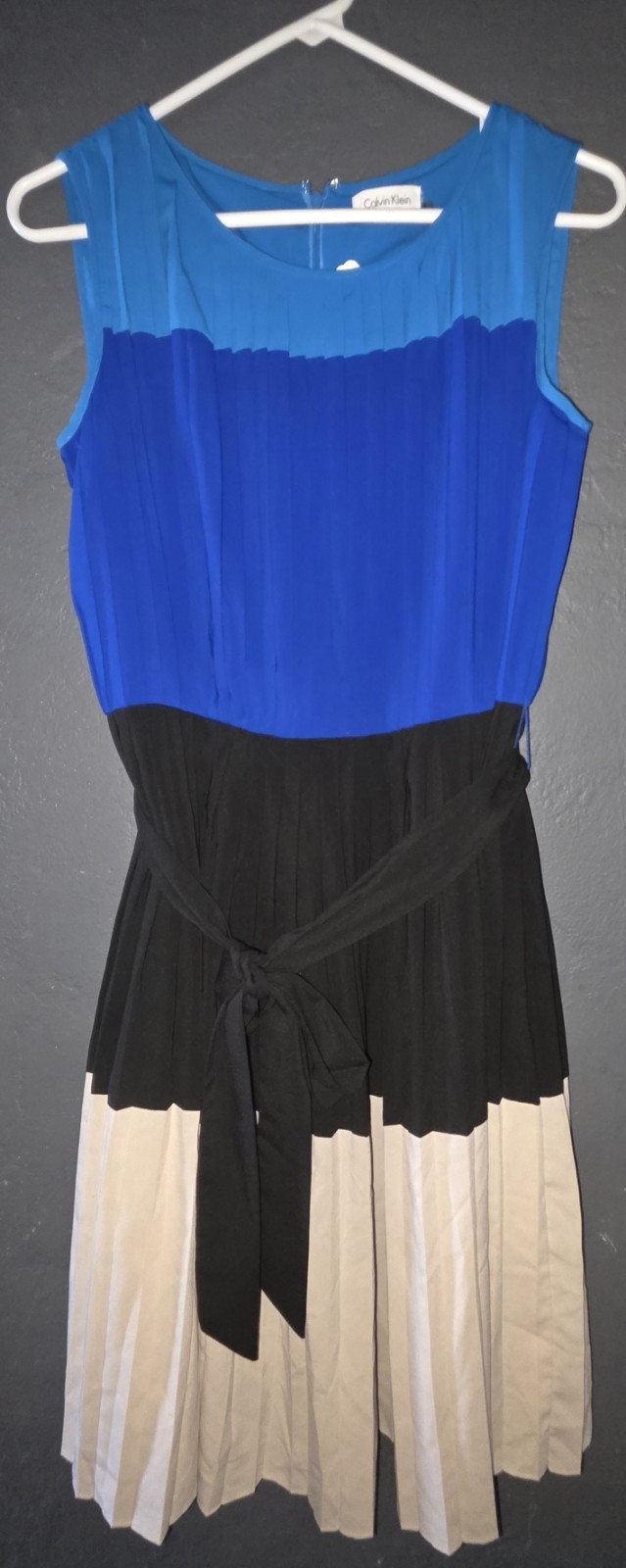 Calvin Klein Colorblock Pleated Belted Sleeveless Knee Dress Blue Black Beige s4
