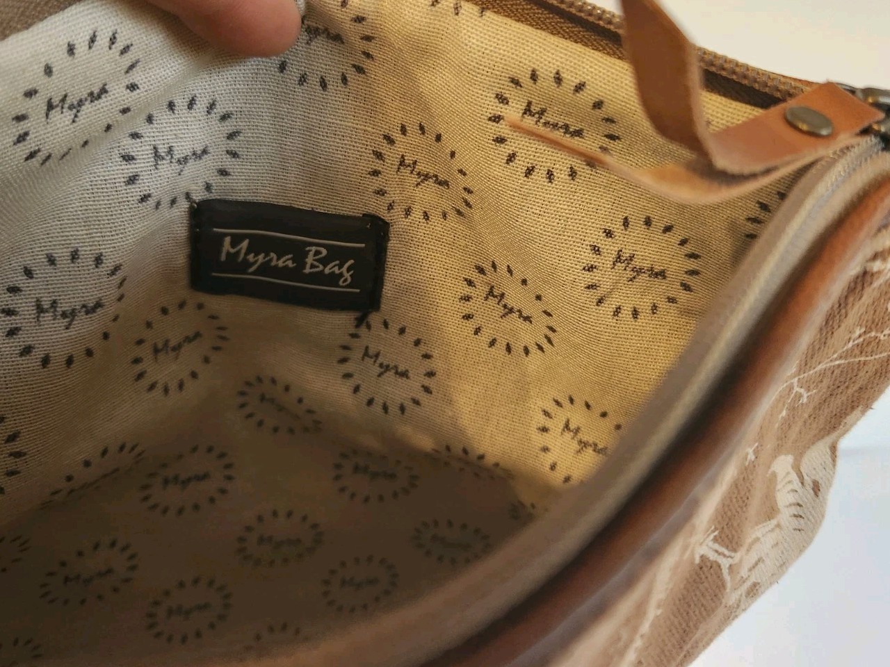 Myra Bag Handmade Starlit Pouch Upcycled Canvas & Cowhide Leather Wristlet 10.25