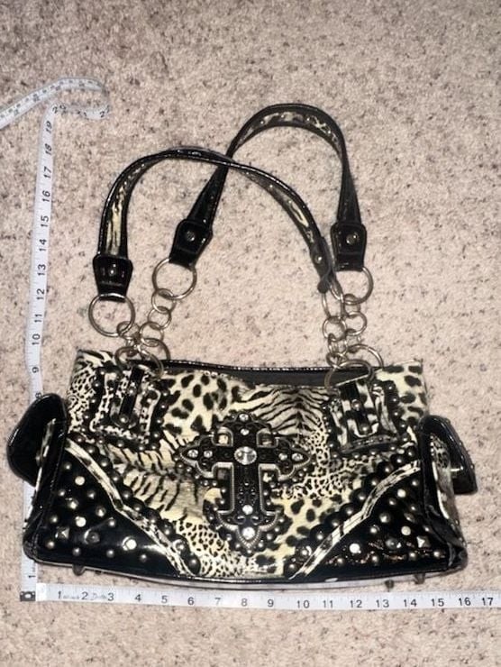 Texas West Western Cross Leopard Print Studded Handbag with Rhinestone Accents