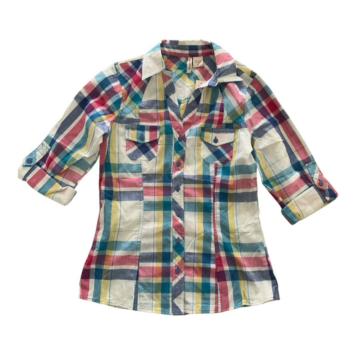 Passport Plaid Button-Up Collared Blouse w/ Pockets 3/4 Sleeve Multicolor M