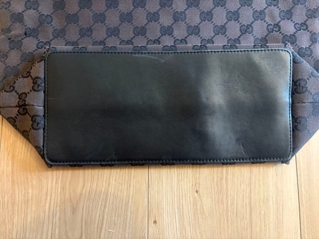 GUCCI GG Tote Hand Bag Leather Canvas Dark Brown Black Gold Hardware From Japan