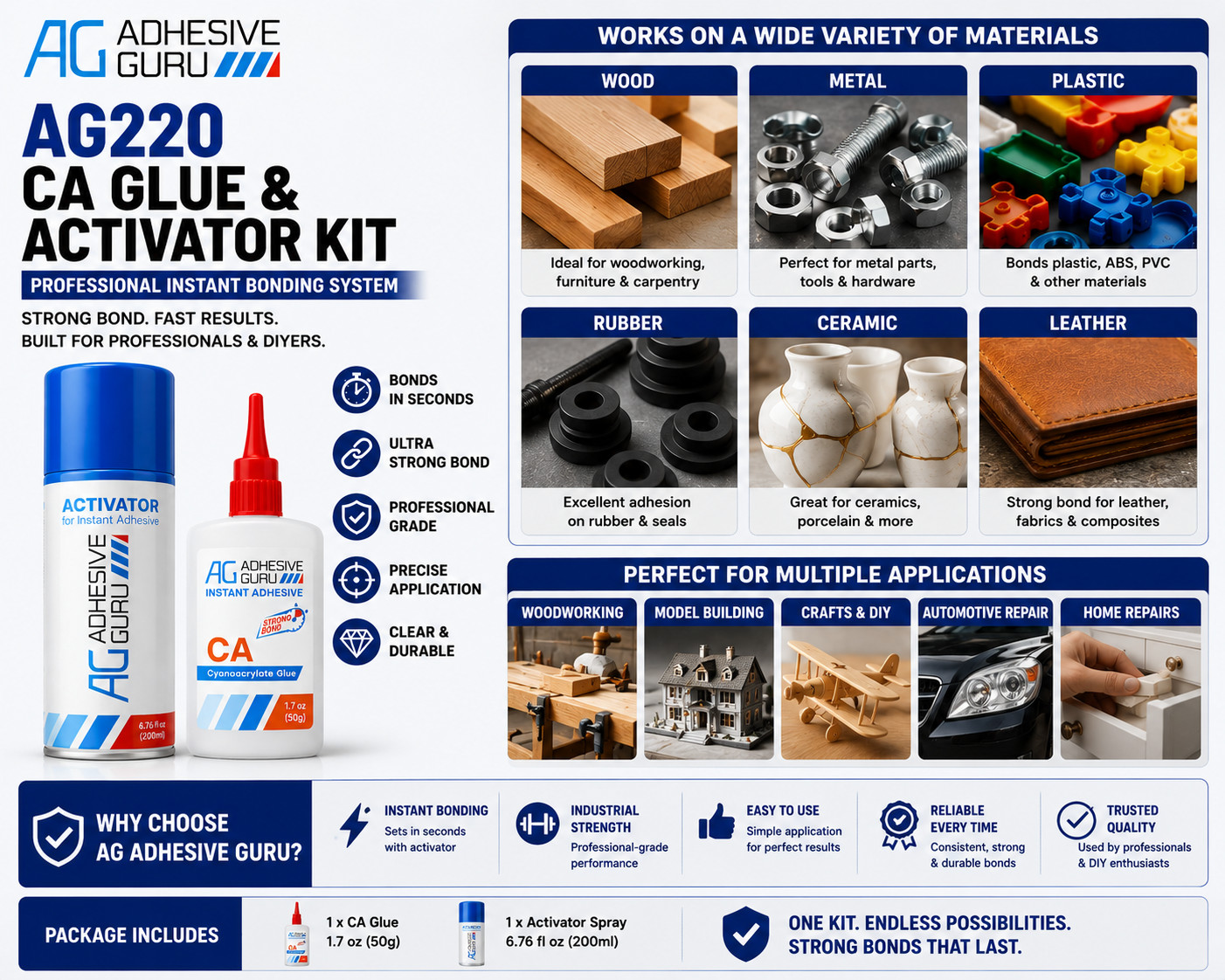 AG220 CA Glue with Activator Kit Super Strong Instant Adhesive Wood Metal