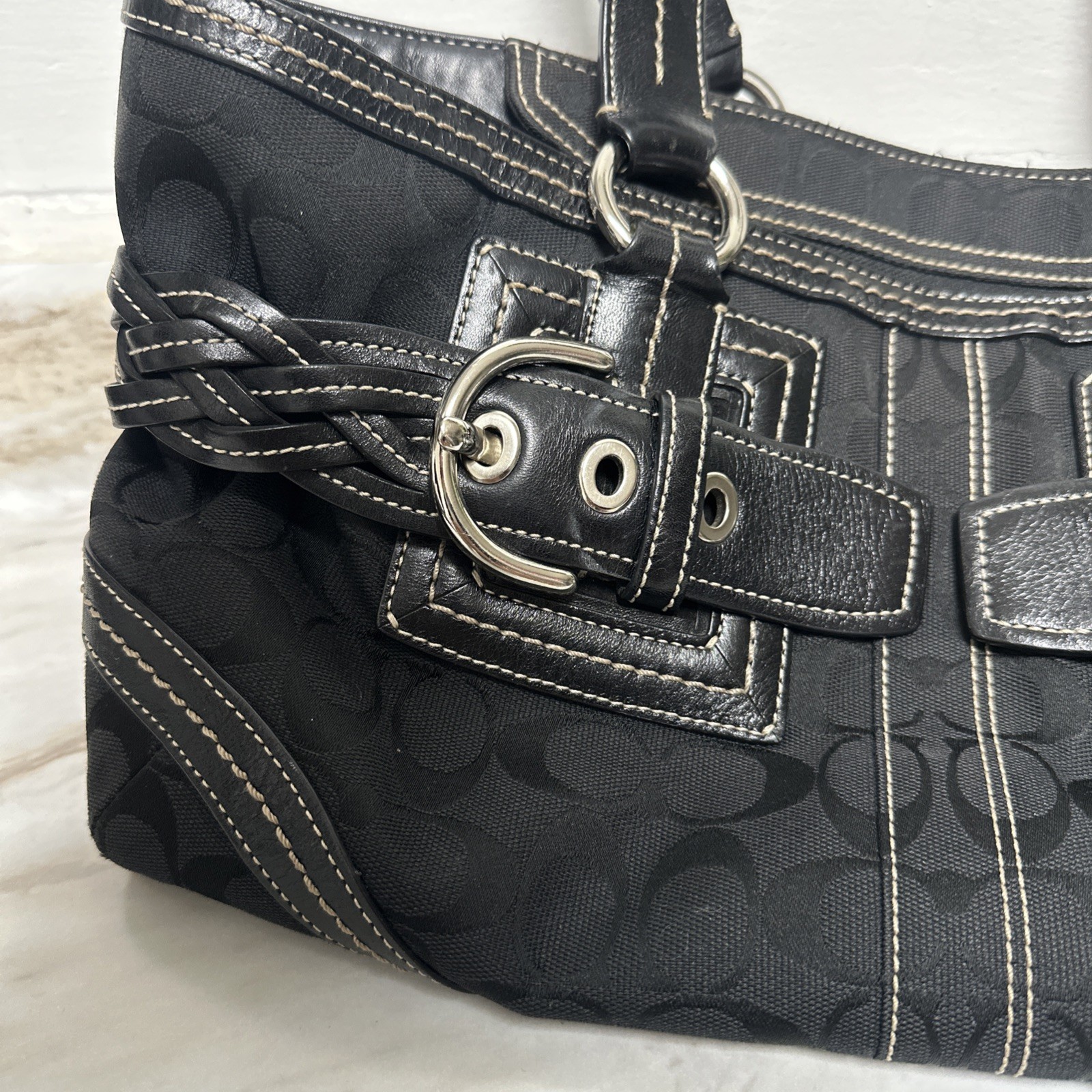 Coach Black Satchel Braided Buckle Accent Logo Zip Silver Hardware Inner Pockets