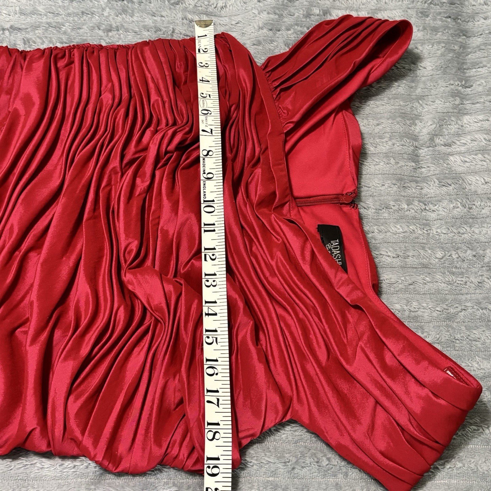 Tadashi Collection Red Satin Ruched Pleated Fit & Flare Midi Dress 16