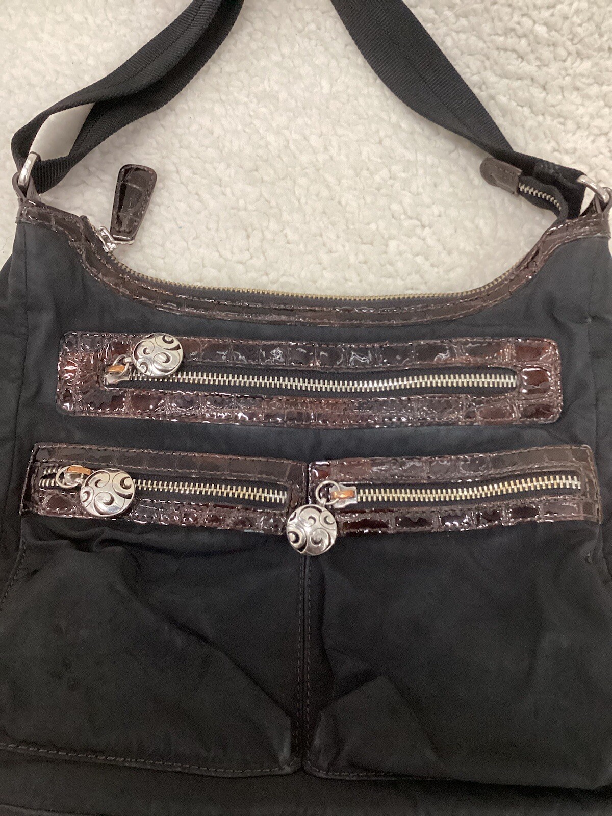 Brighton Black Nylon Brown Croc Patent Leather Crossbody Bag Pockets 8x12x3